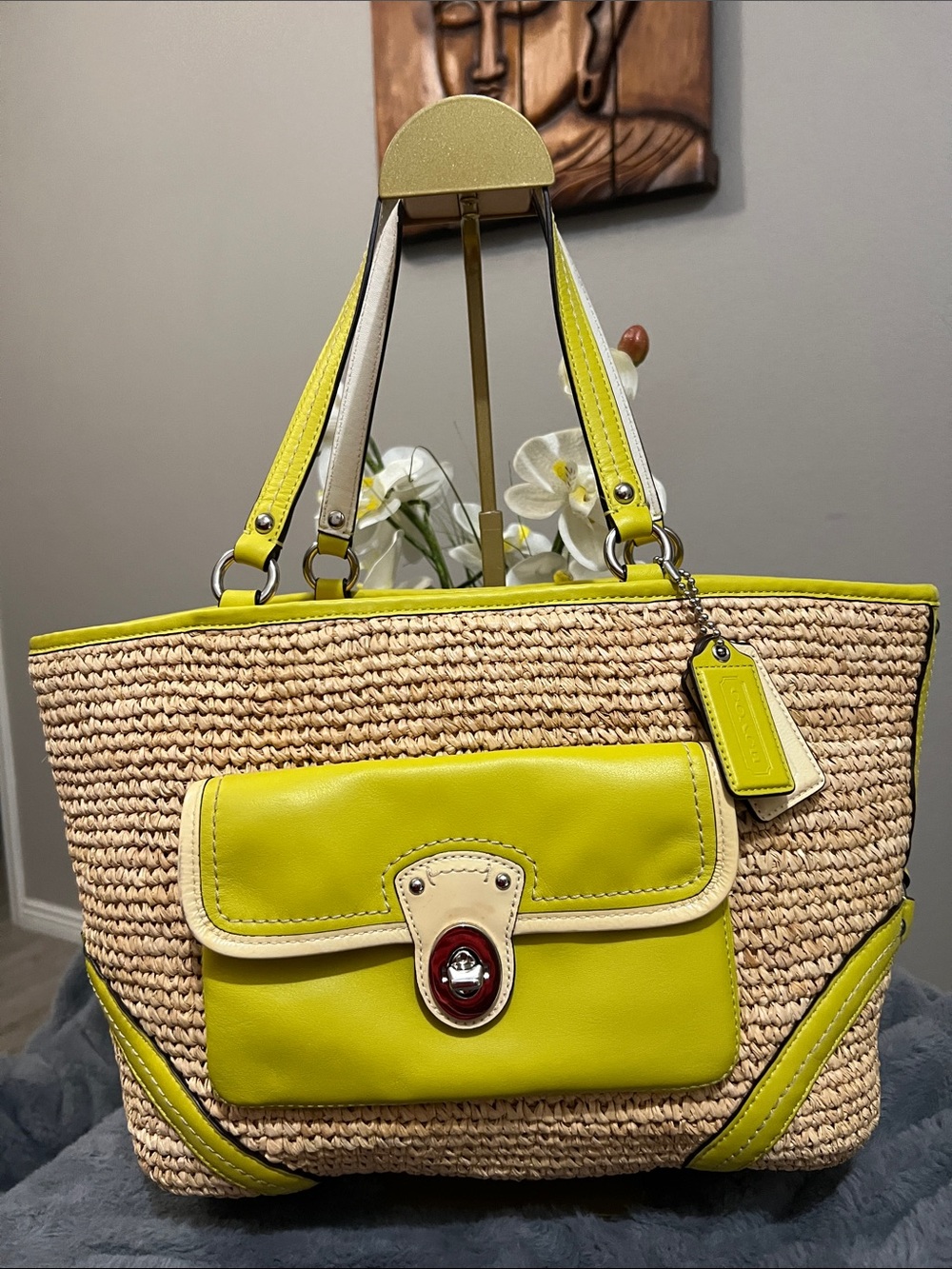 Coach Straw Satchel with Lime and Cream Leather Accents EUC retail $358